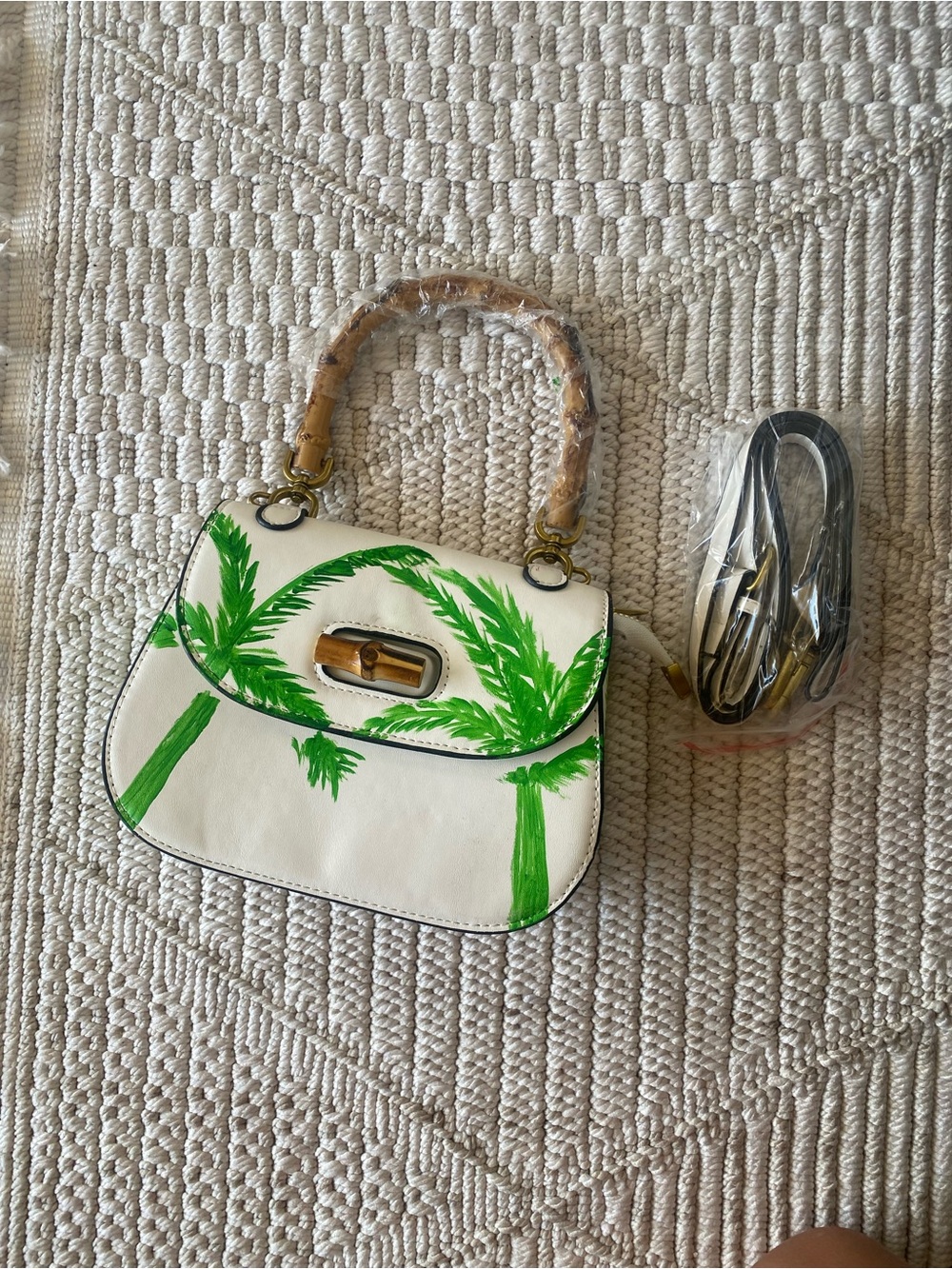 One mini bag with removable strap and hand painted palm trees